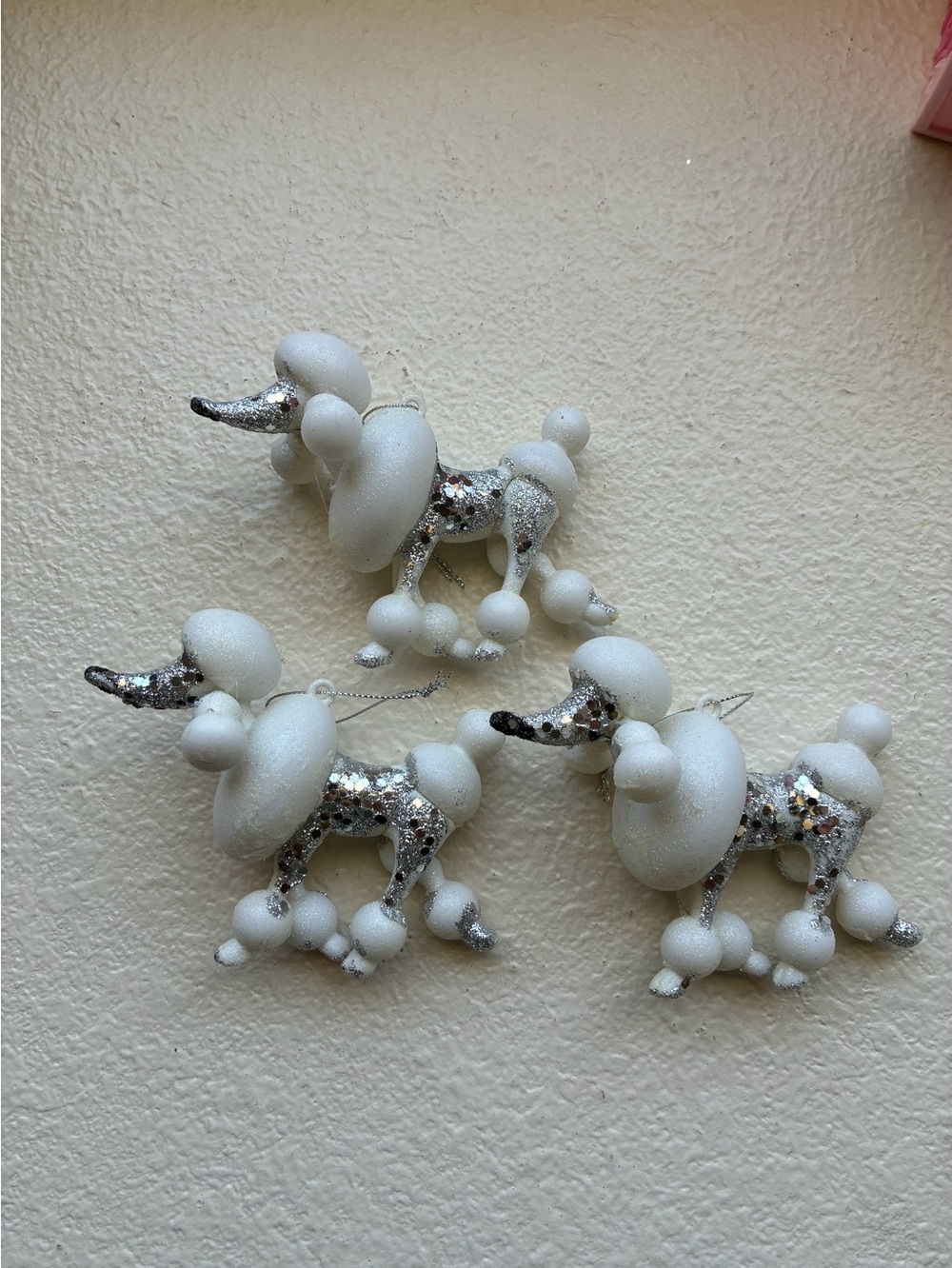 White Glitter French Poodle Dog Christmas Ornament Set of Three